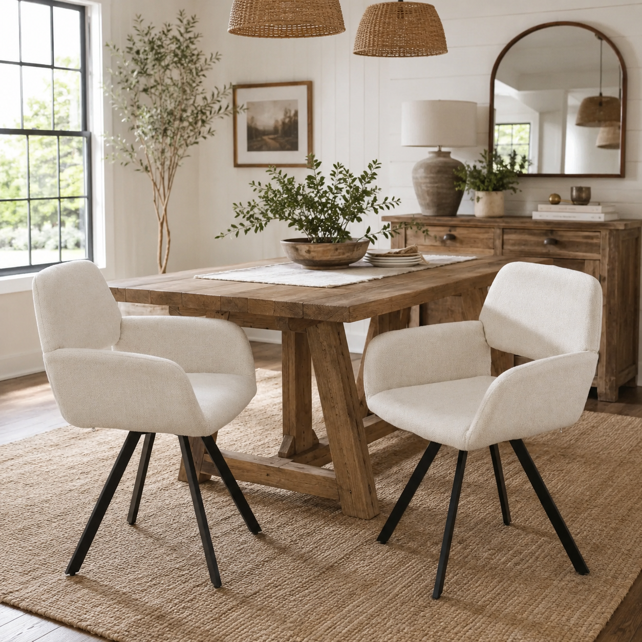 California beige swivel dining chairs shown at a round dining table