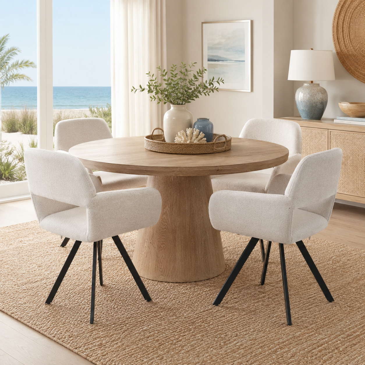 California beige swivel dining chairs shown at a round dining table