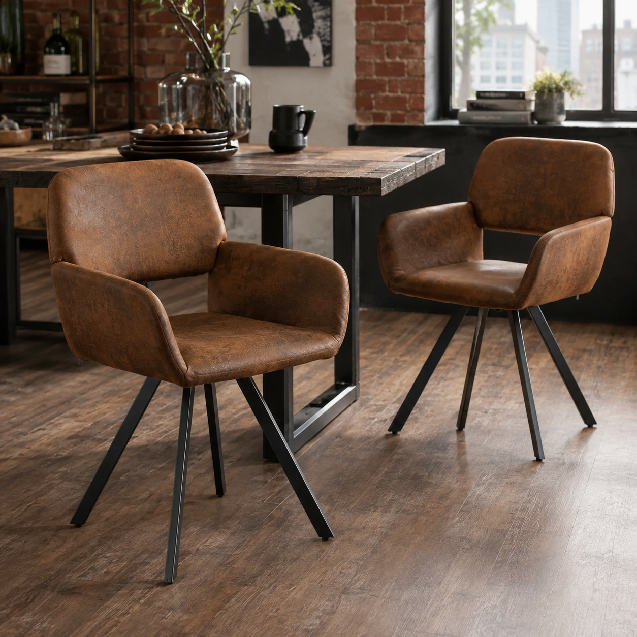 California suede brown swivel dining chairs in a modern dining room setting