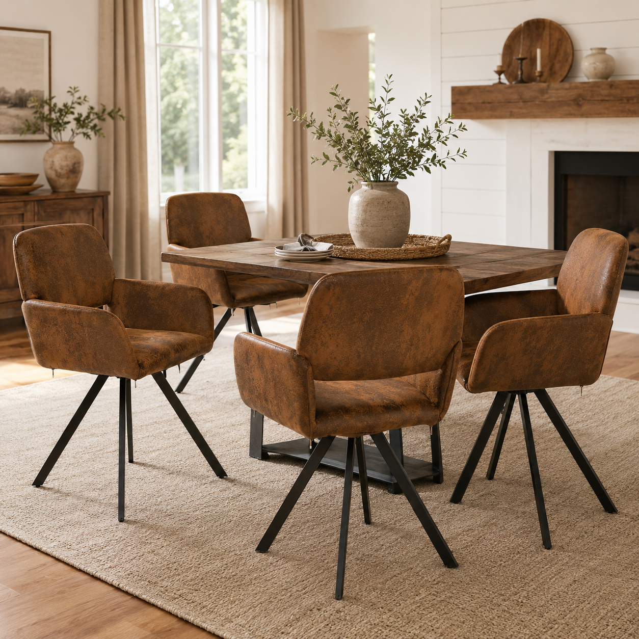 California suede brown swivel dining chairs shown in a bright dining space