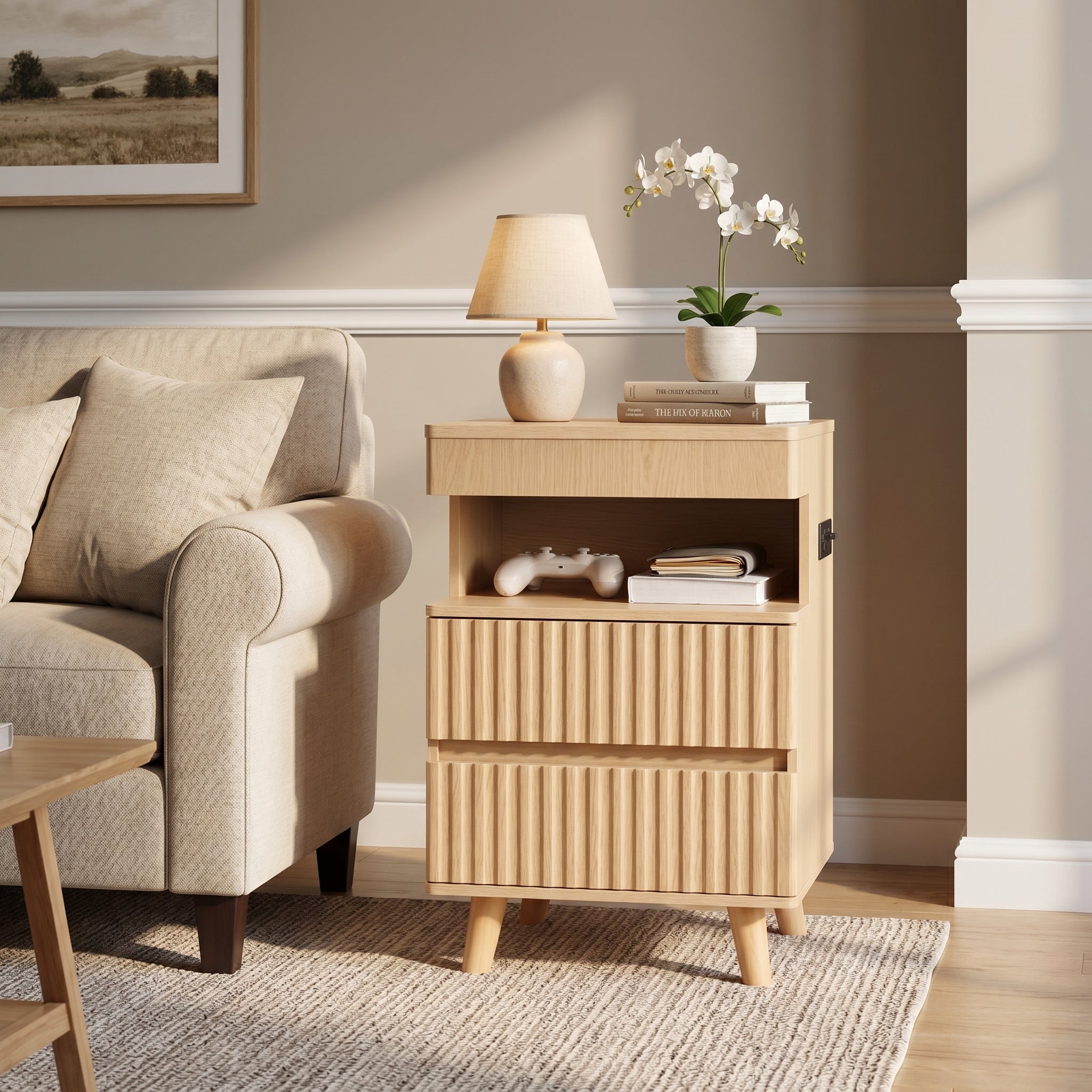Calven oak nightstand showing angled front view beside a sofa