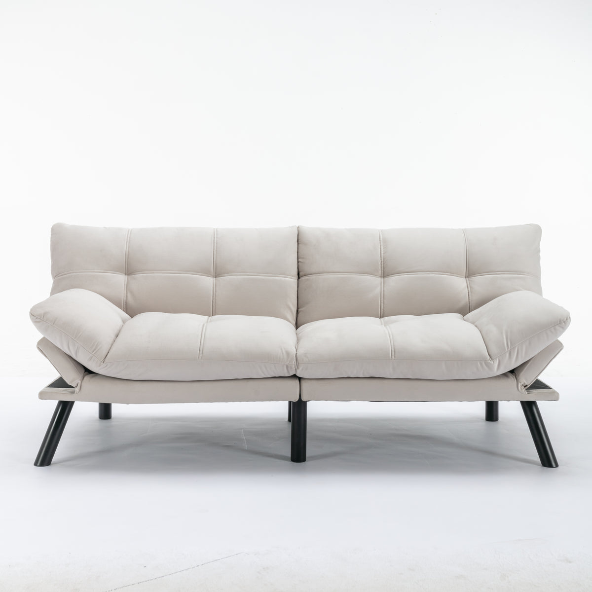 Carmel beige convertible futon sofa bed front view on white background