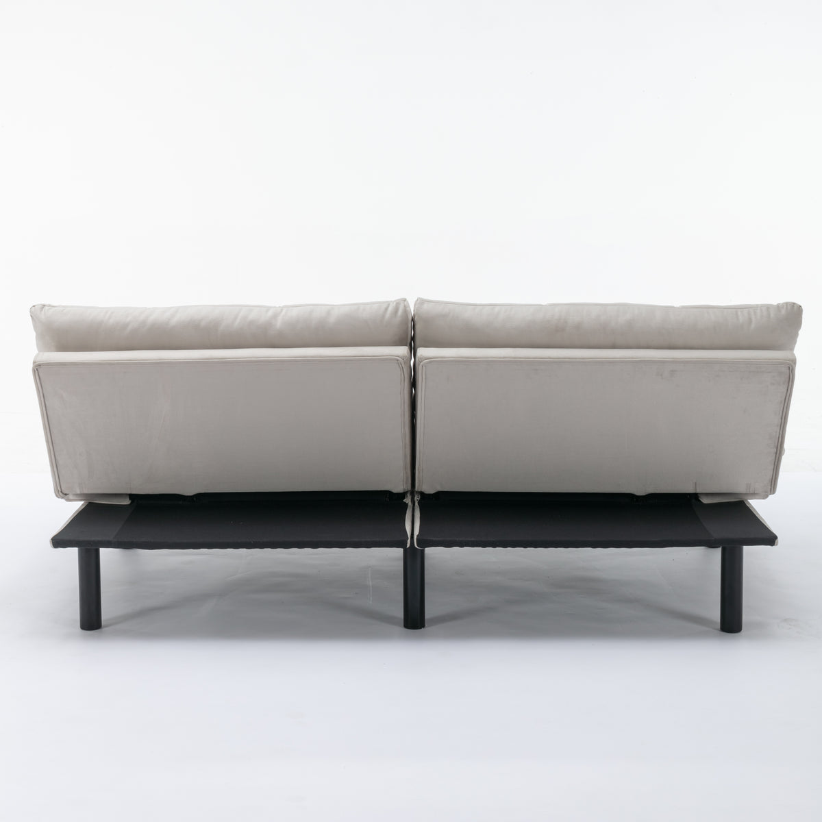Carmel beige convertible futon sofa bed rear view on white background
