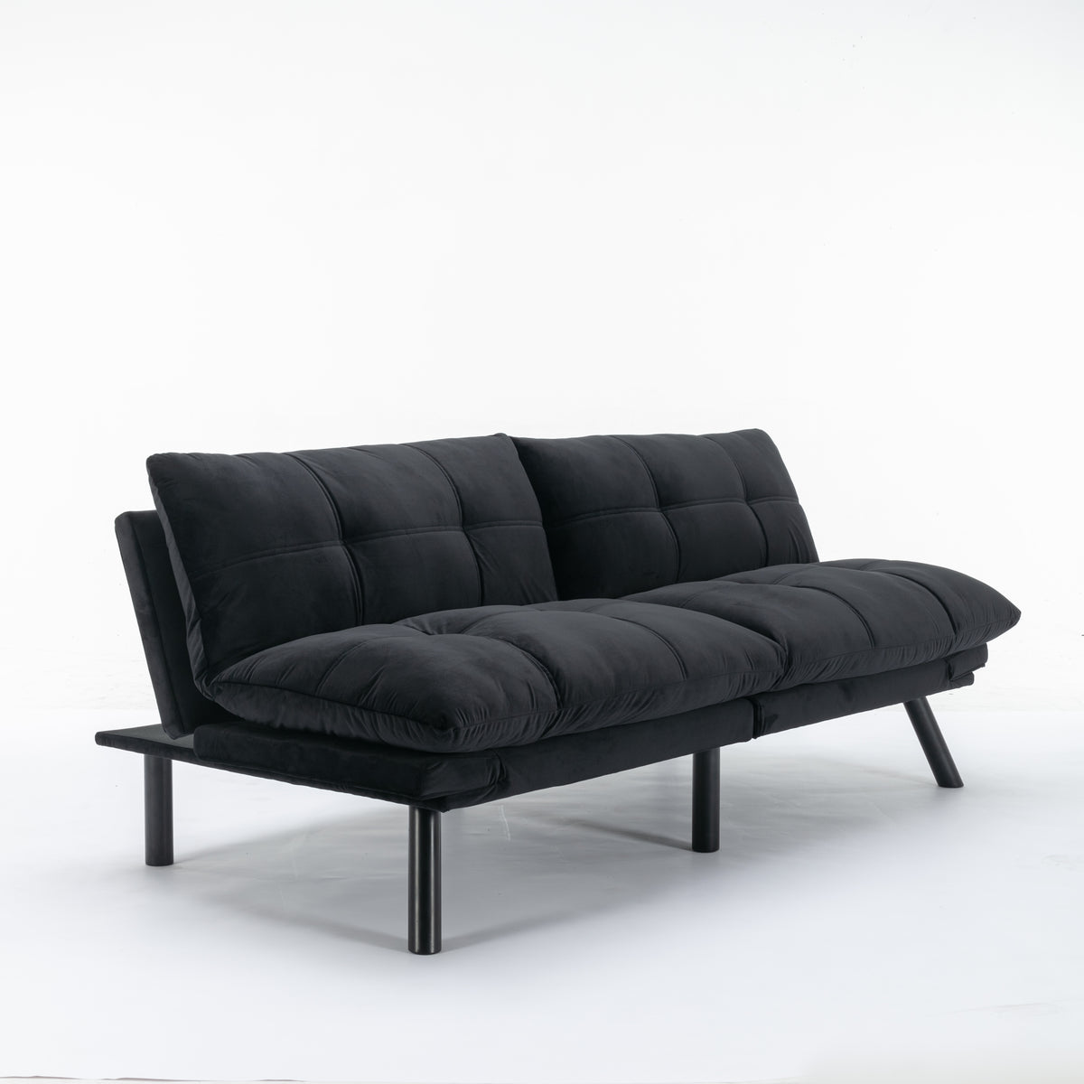 Carmel black convertible futon sofa bed front angled view on white background