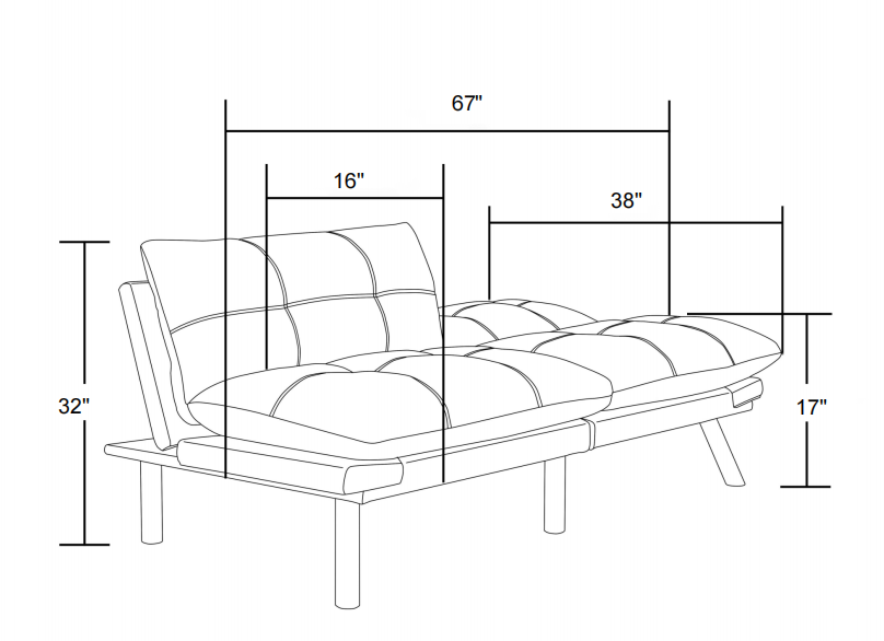 Carmel green convertible futon sofa bed showing product dimensions
