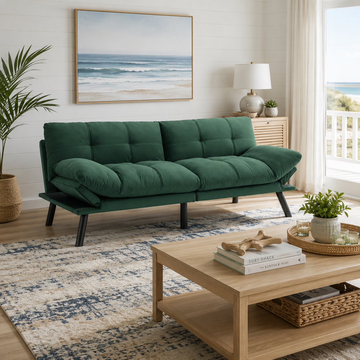 Carmel green convertible futon sofa bed in sofa configuration in a bright living room