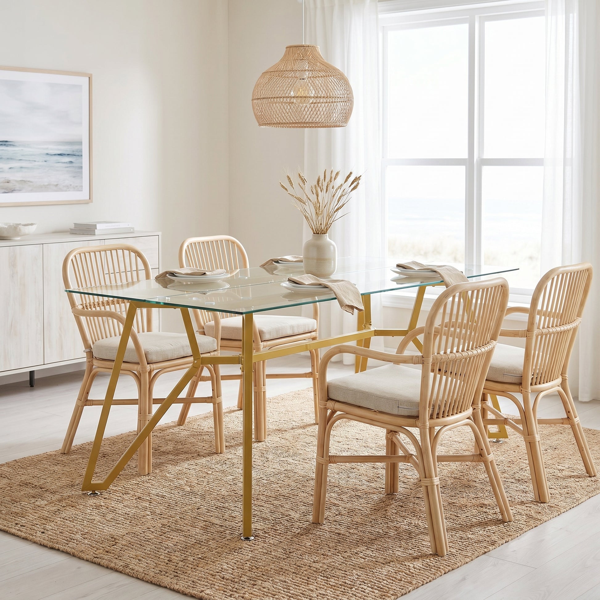 Caspian gold dining table showing a rectangular glass table with six chairs in a bright dining room