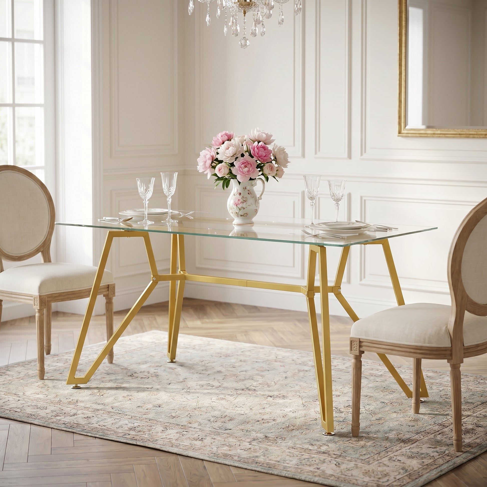 Caspian gold dining table showing a rectangular glass tabletop with floral centerpiece