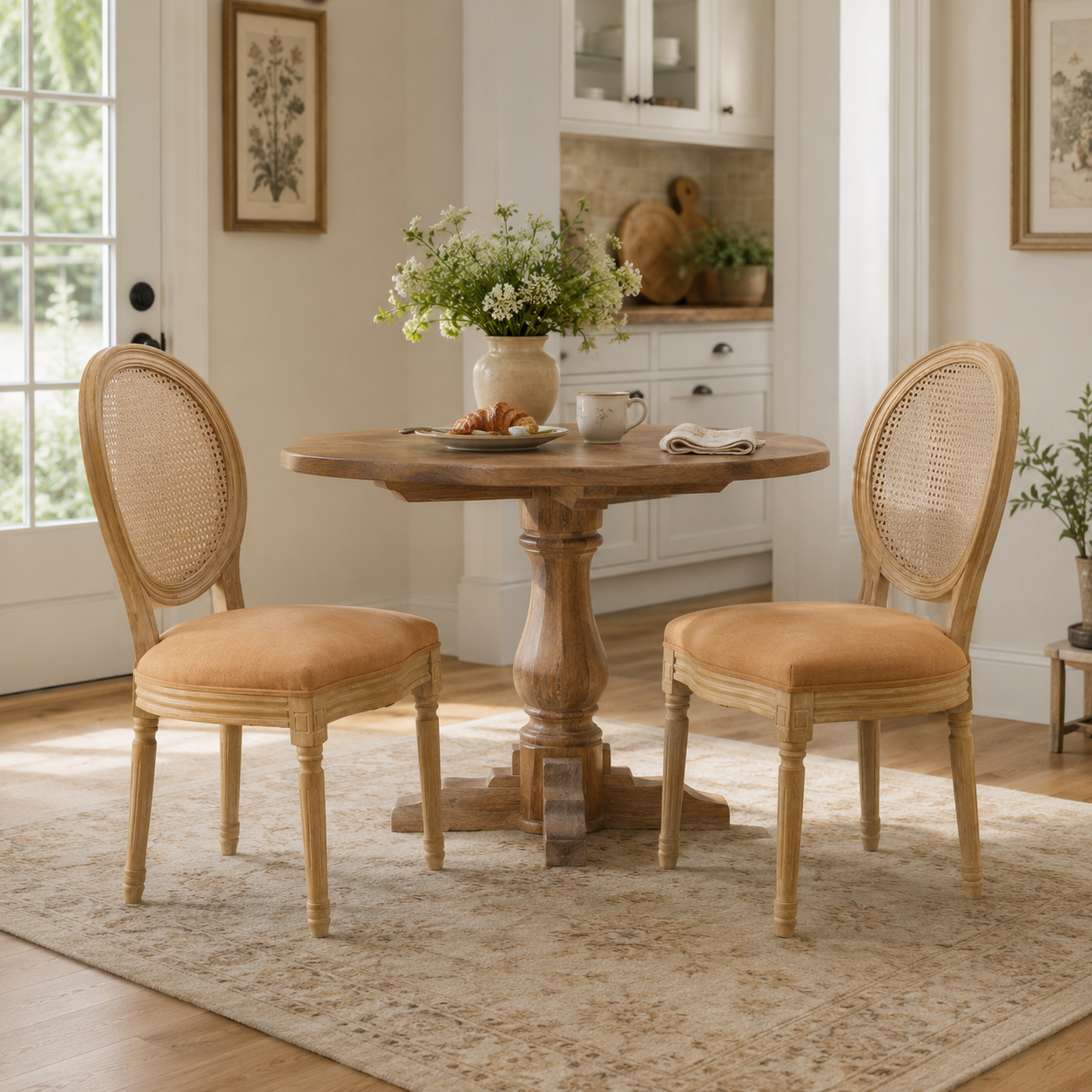 Celeste brown French Provincial dining chairs with cane medallion backs around a round dining table