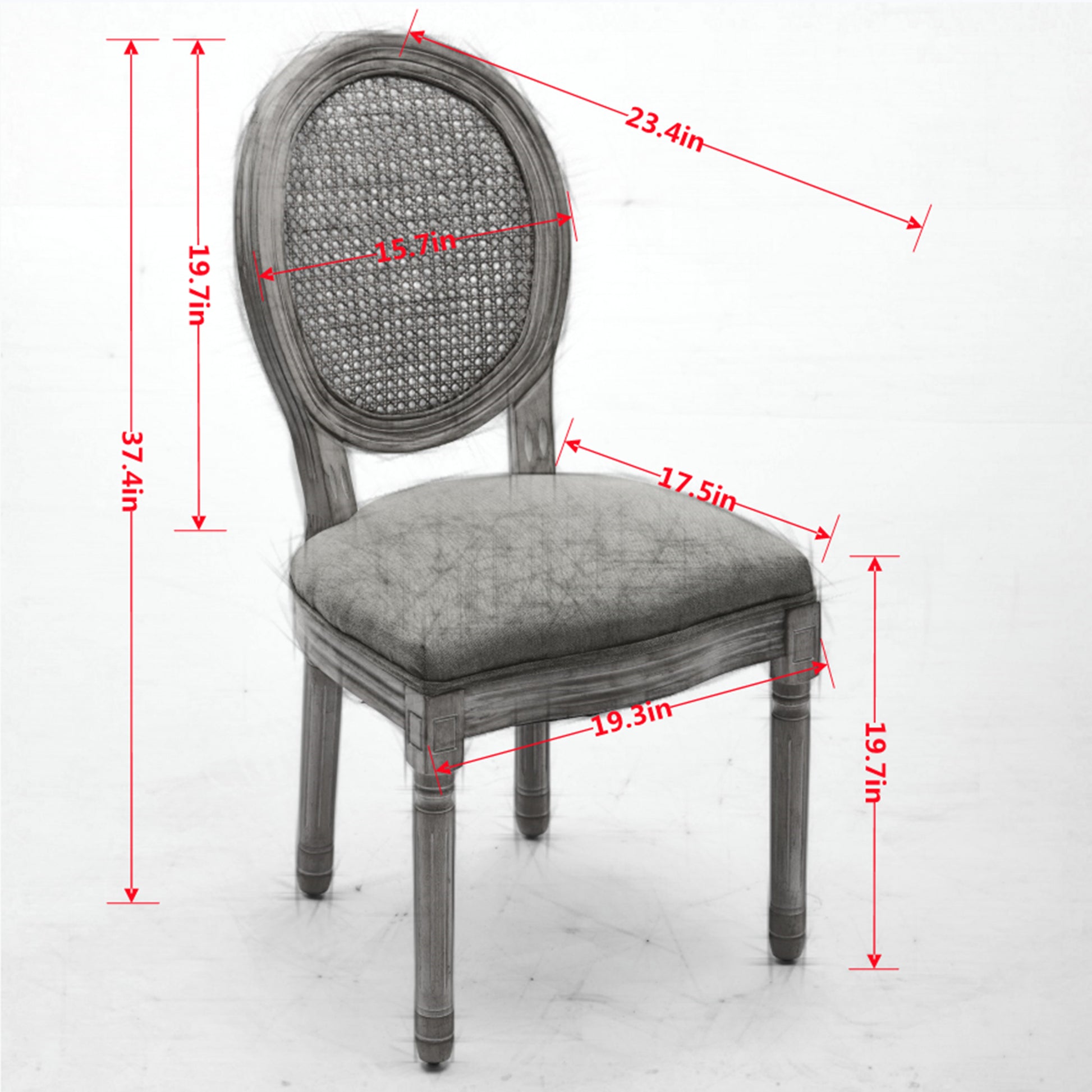 Celeste gray French Provincial dining chair showing product dimensions with cane medallion back and upholstered seat