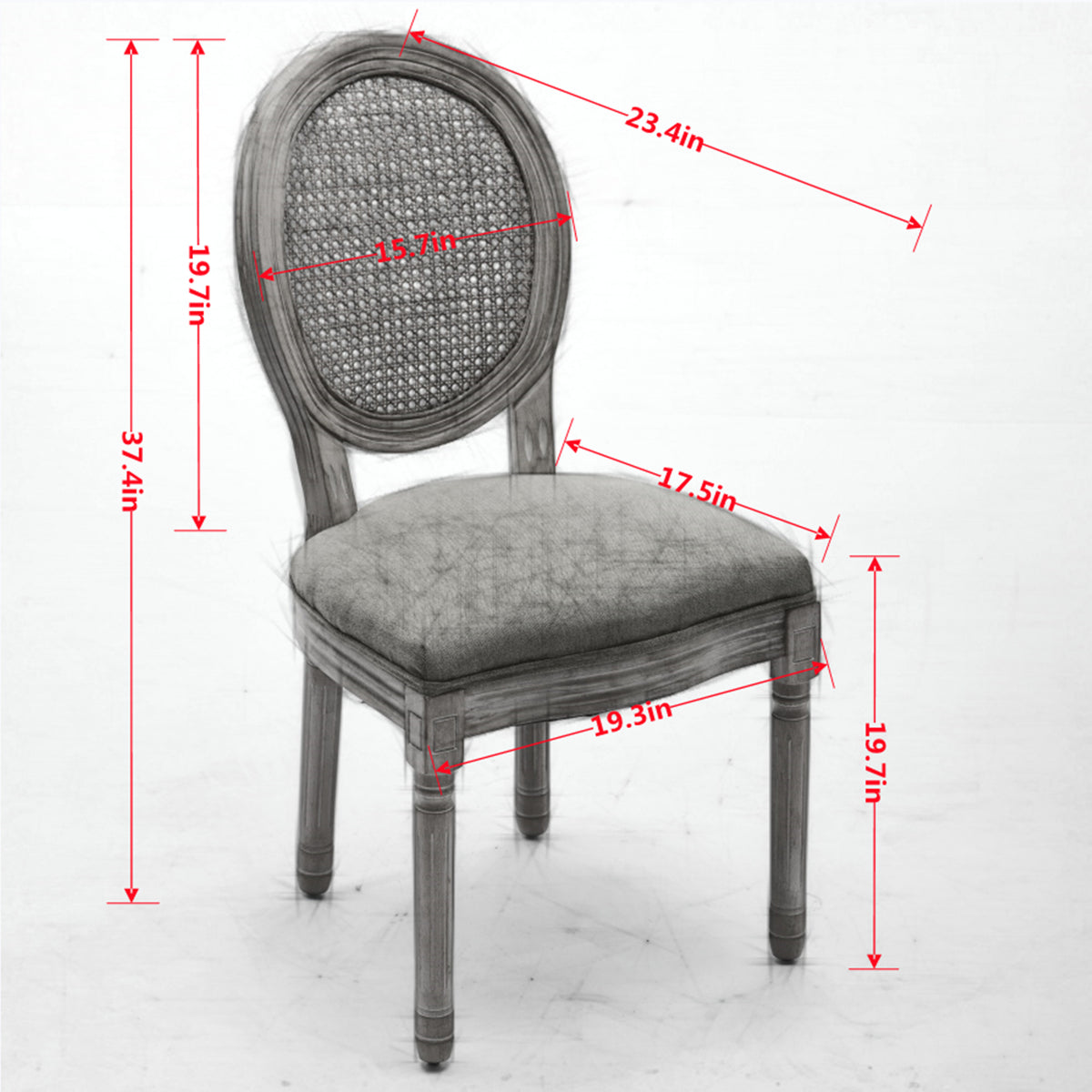 Celeste gray French Provincial dining chair showing product dimensions with cane medallion back and upholstered seat