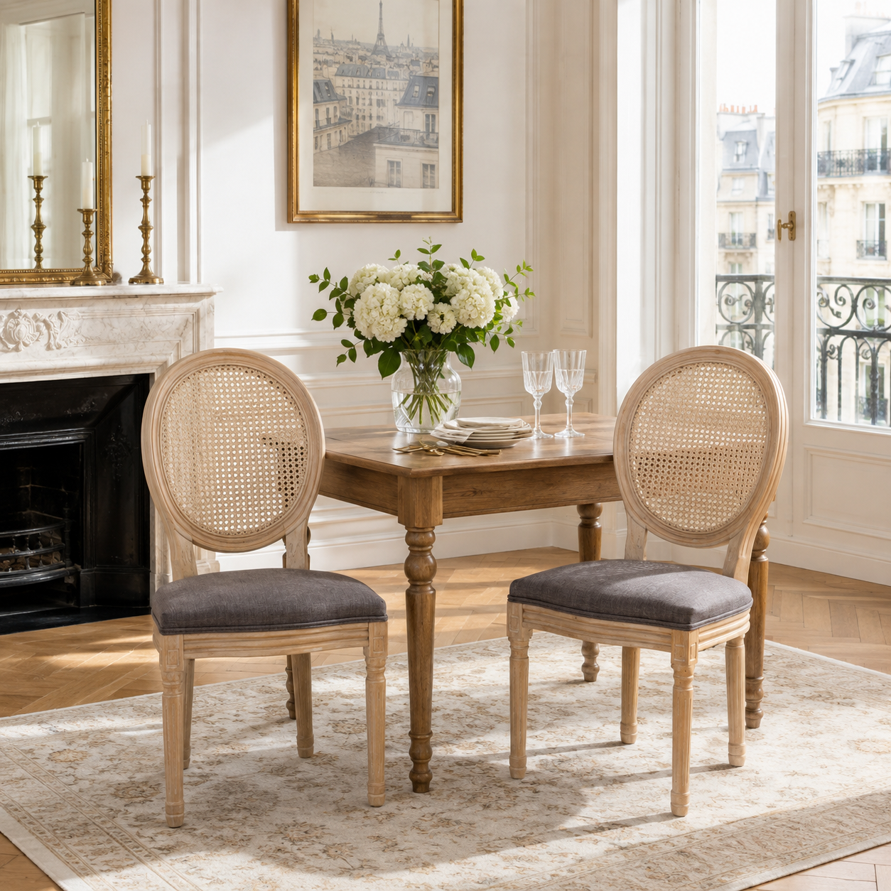 Celeste gray French Provincial dining chairs with cane medallion backs around a round dining table
