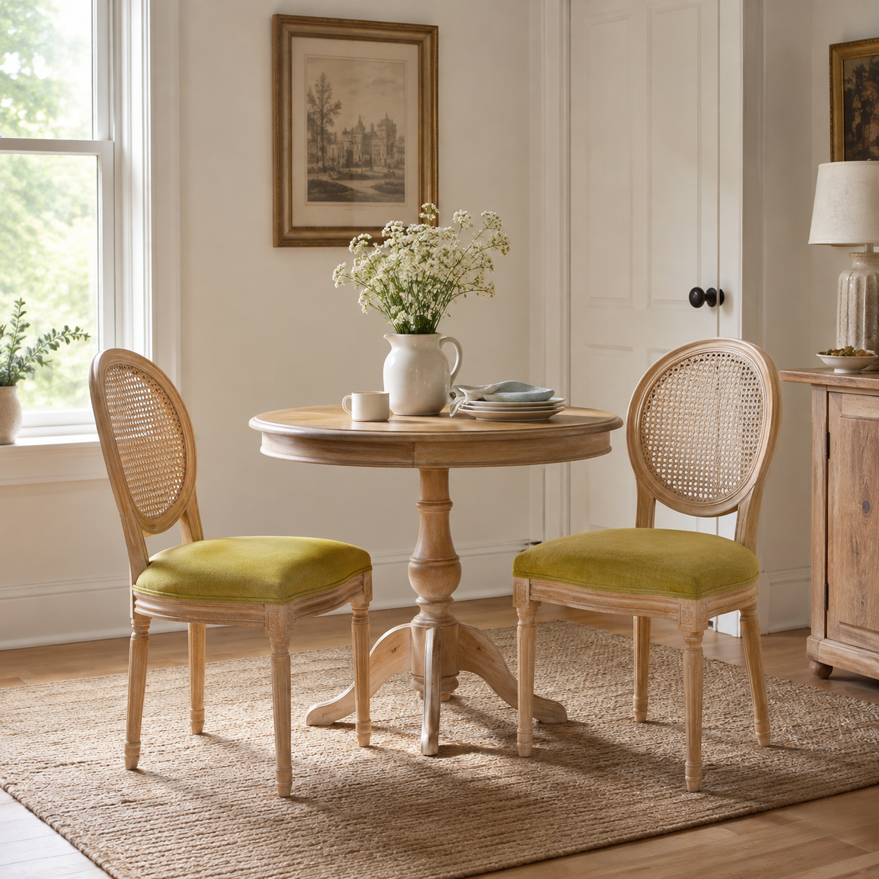 Celeste green French Provincial dining chairs with cane medallion backs around a wood dining table