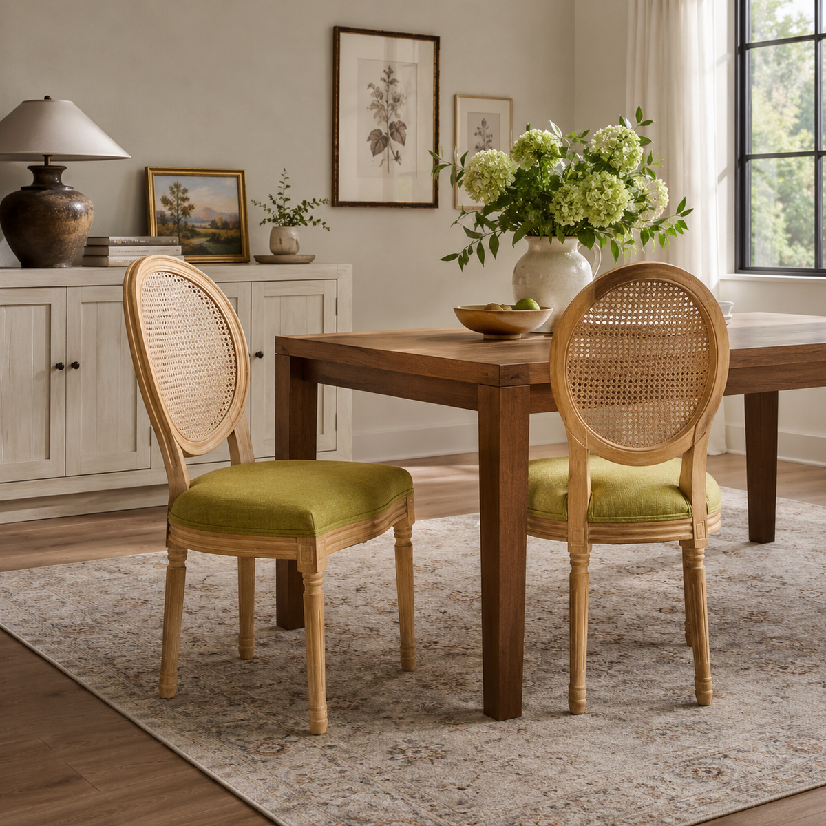 Celeste green cane back dining chairs in a bright dining room with warm natural wood accents