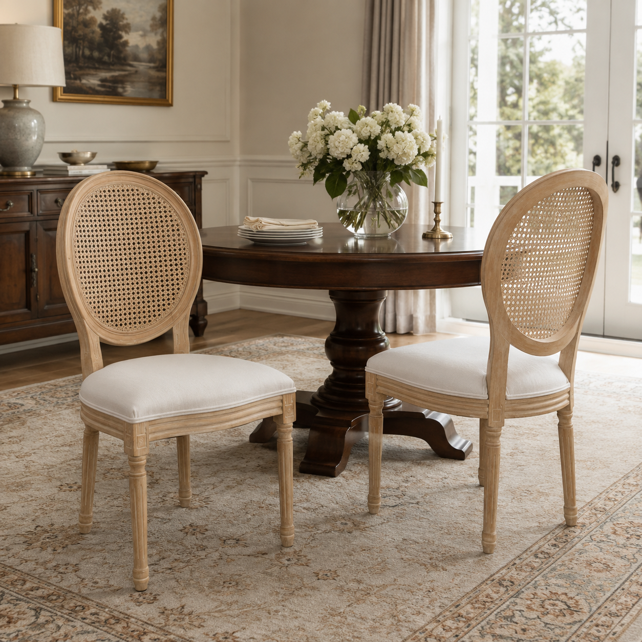 Celeste white French Provincial dining chairs with cane medallion backs around a round wood dining table
