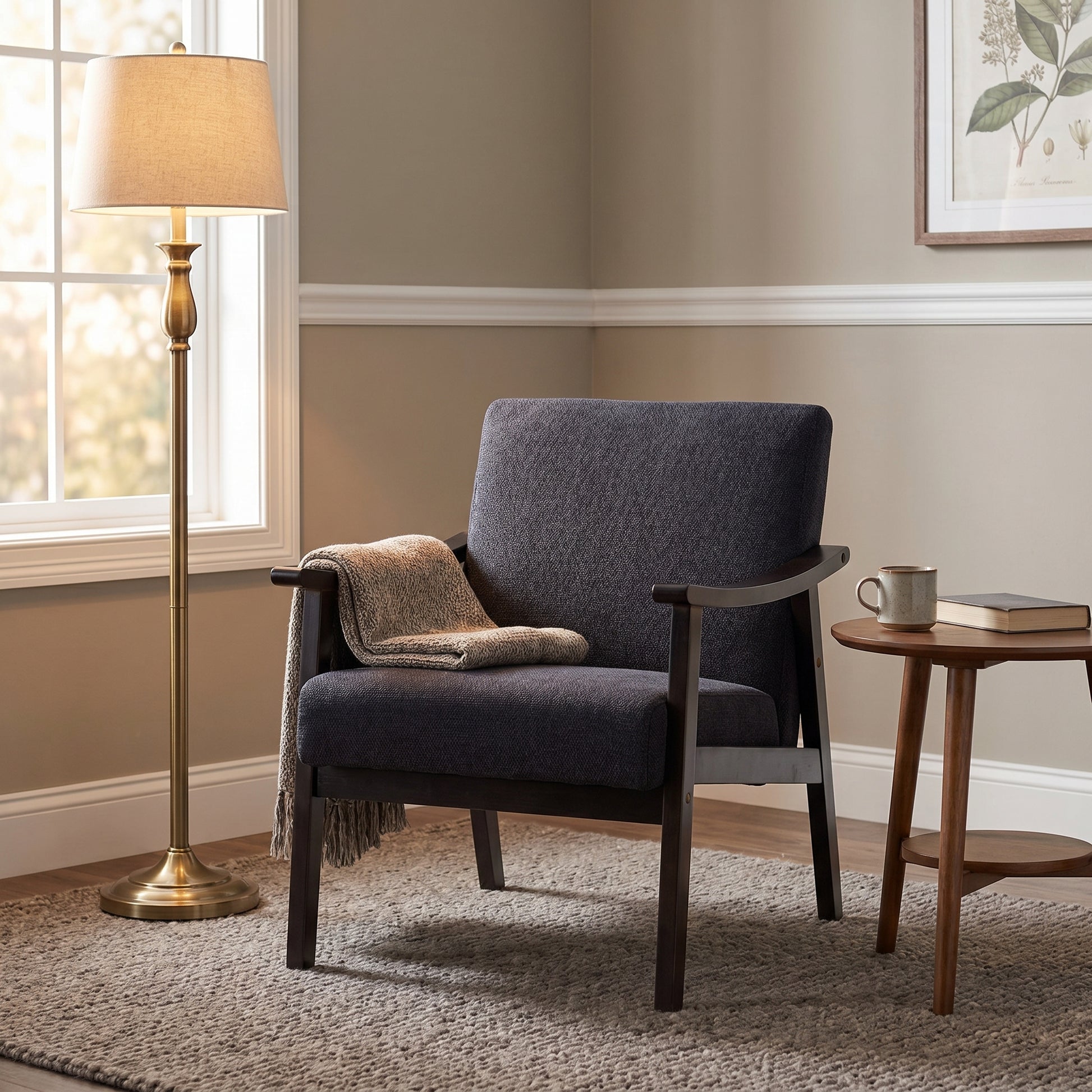 Champlain black accent chair showing a bright interior with lamp and side table