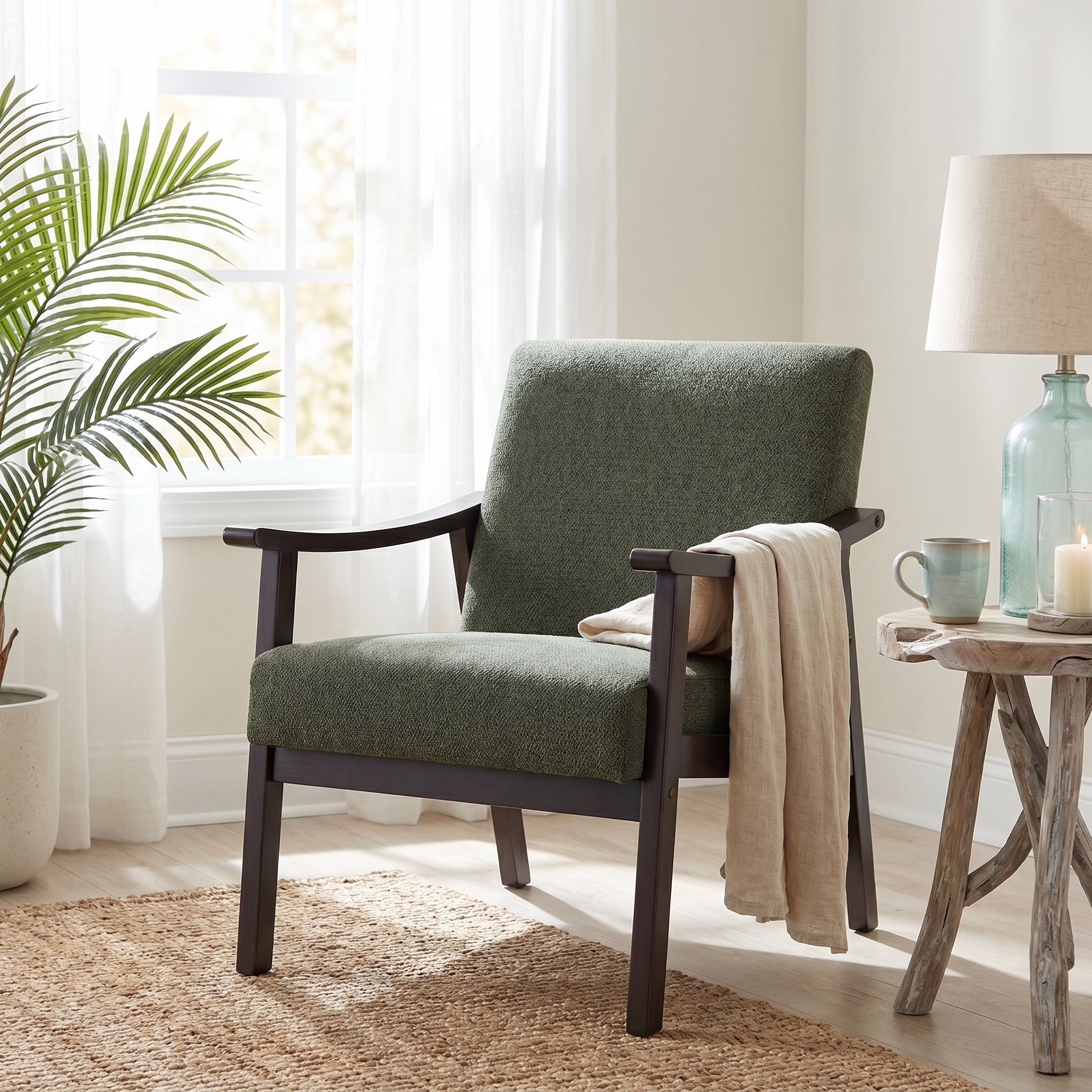 Champlain green accent chair showing a cozy living room scene with side table