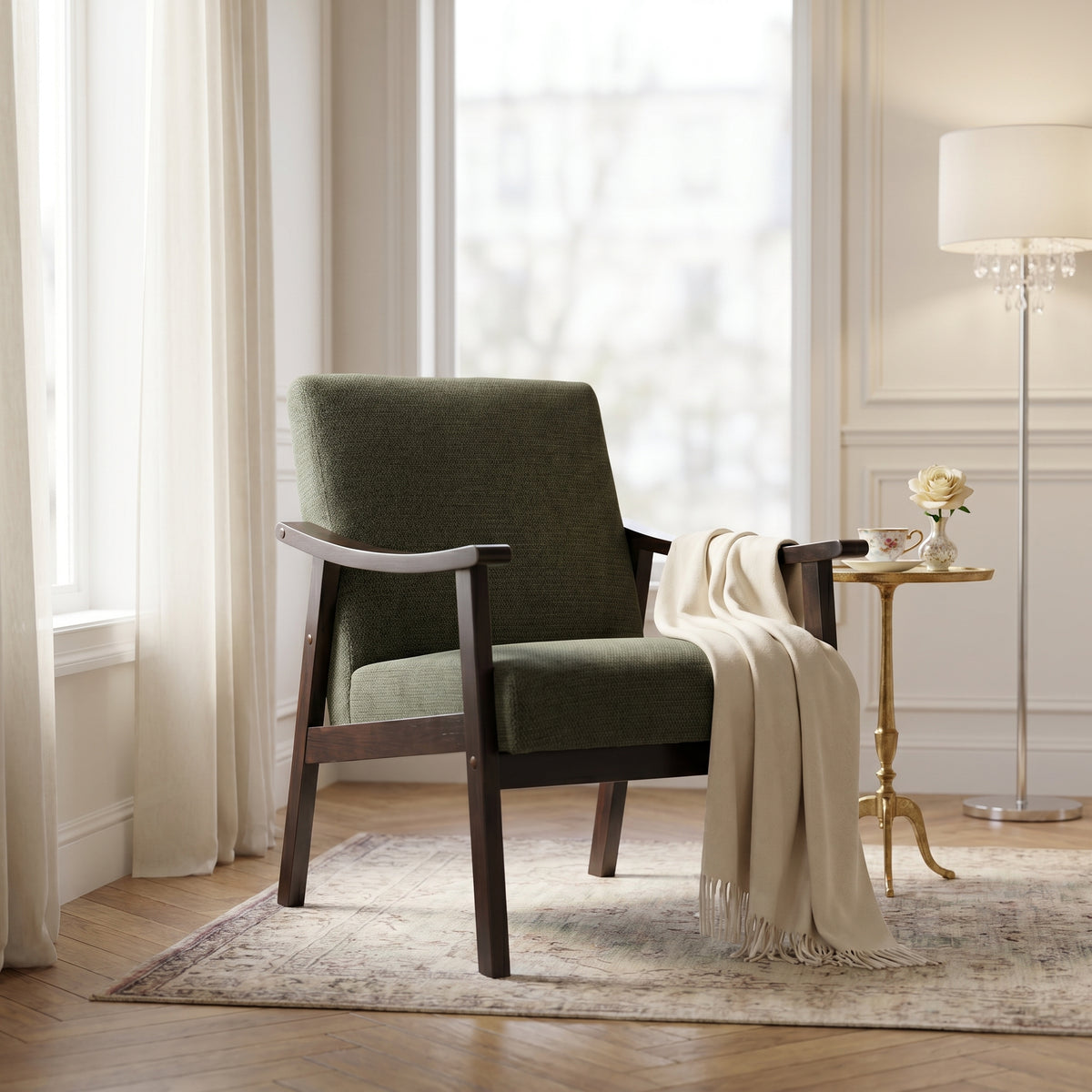 Champlain green accent chair showing a bright room setting beside a desk