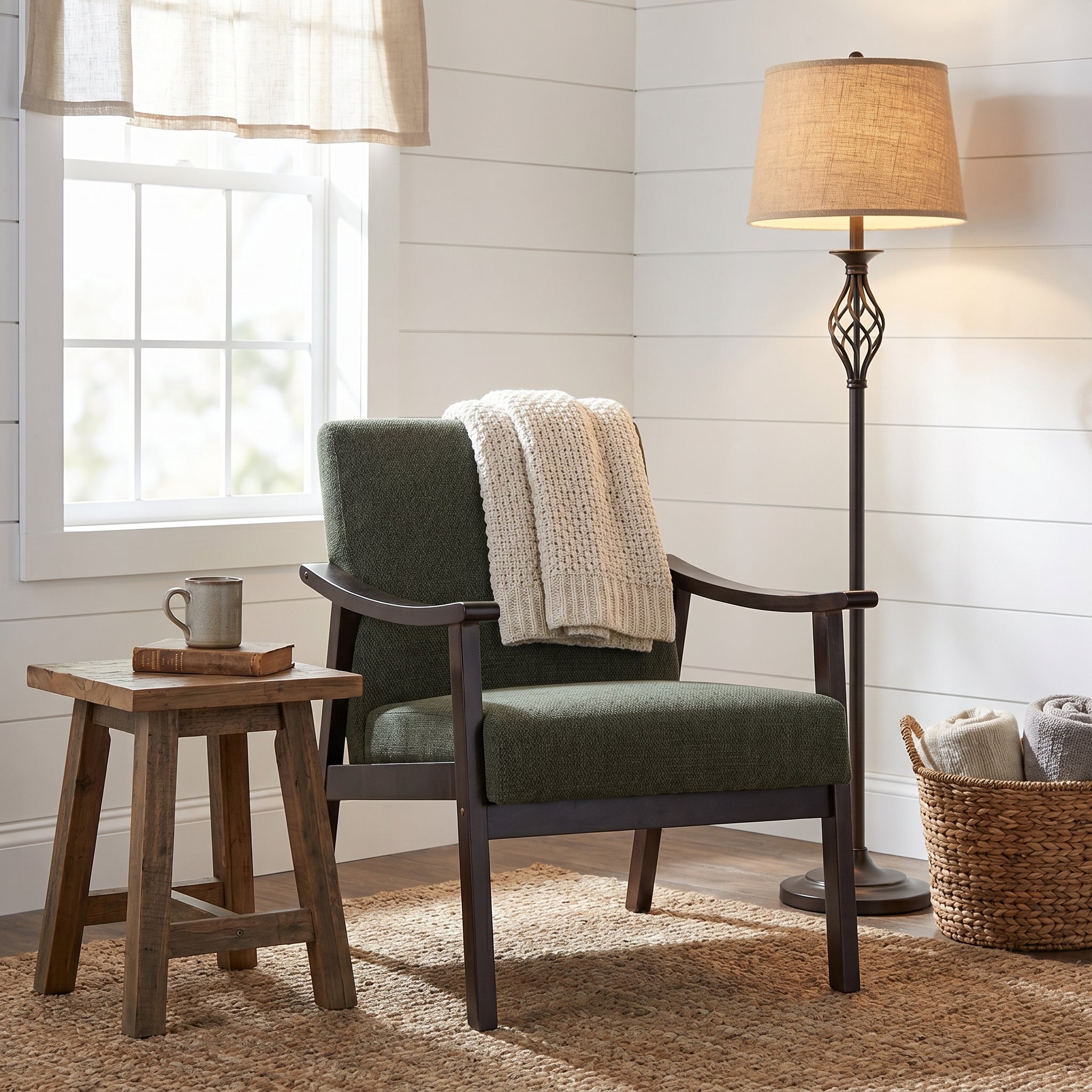 Champlain green accent chair showing a styled interior with table and decor