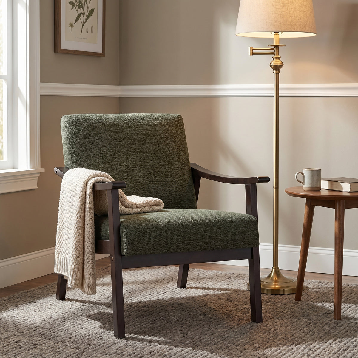 Champlain green accent chair showing a warm corner scene with lamp and side table
