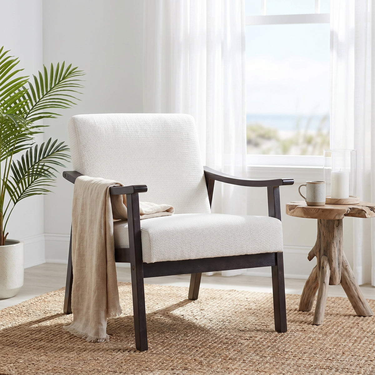 Champlain white accent chair showing a cozy room setting beside a small desk