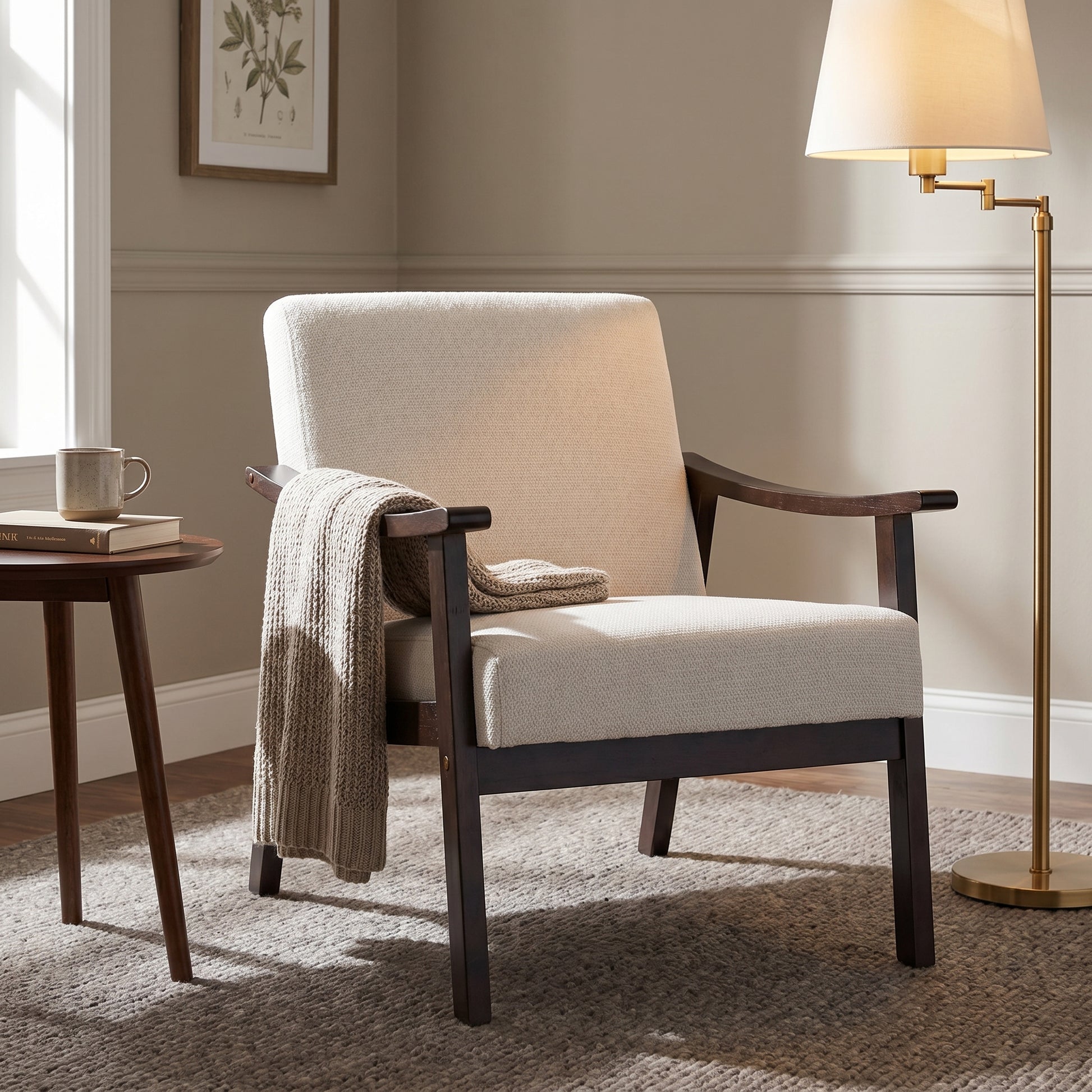 Champlain white accent chair showing a styled seating area with side table and lamp