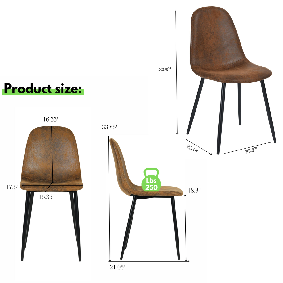 Charlton brown suede shell dining chair with black metal legs showing product dimensions