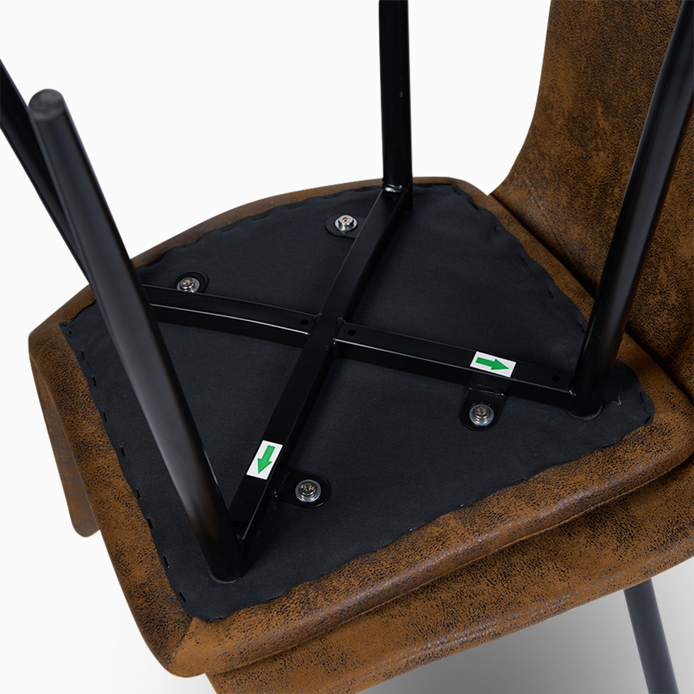 Charlton suede brown dining chair showing underside frame and leg connection detail