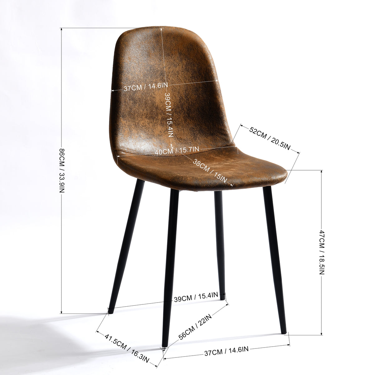 Charlton suede brown dining chair with black metal legs showing dimensions