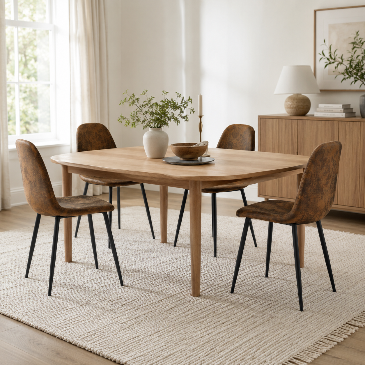 Charlton suede brown dining chairs with black metal legs set of 4 around a dining table in a bright dining room