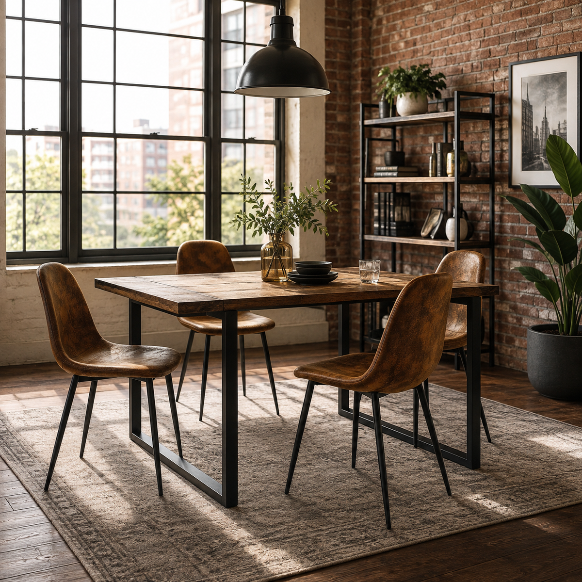 Charlton suede brown dining chairs with black metal legs set of 4 in an industrial dining space