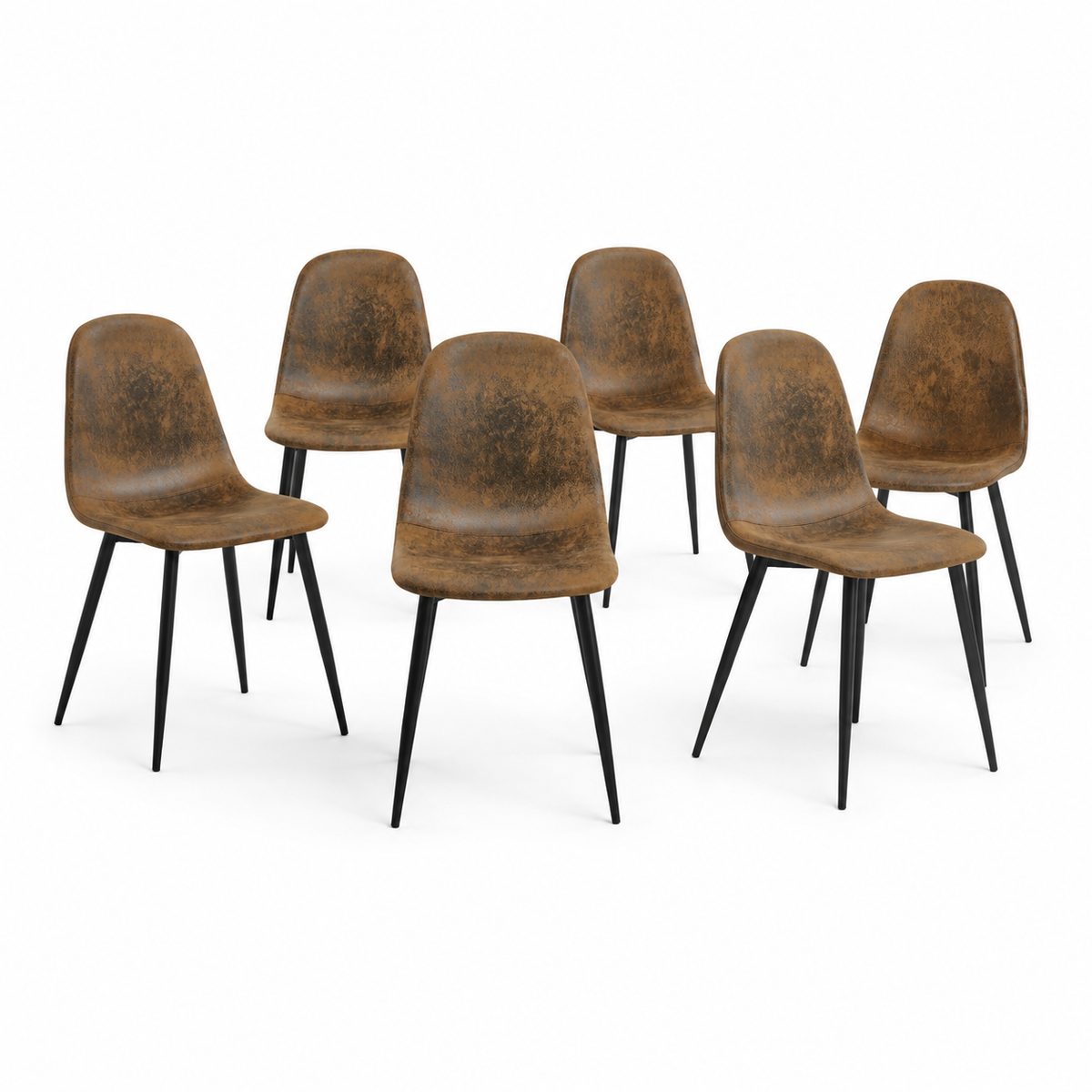 Charlton brown suede shell dining chairs with black metal legs set of 6 shown in alternate grouped view on white background