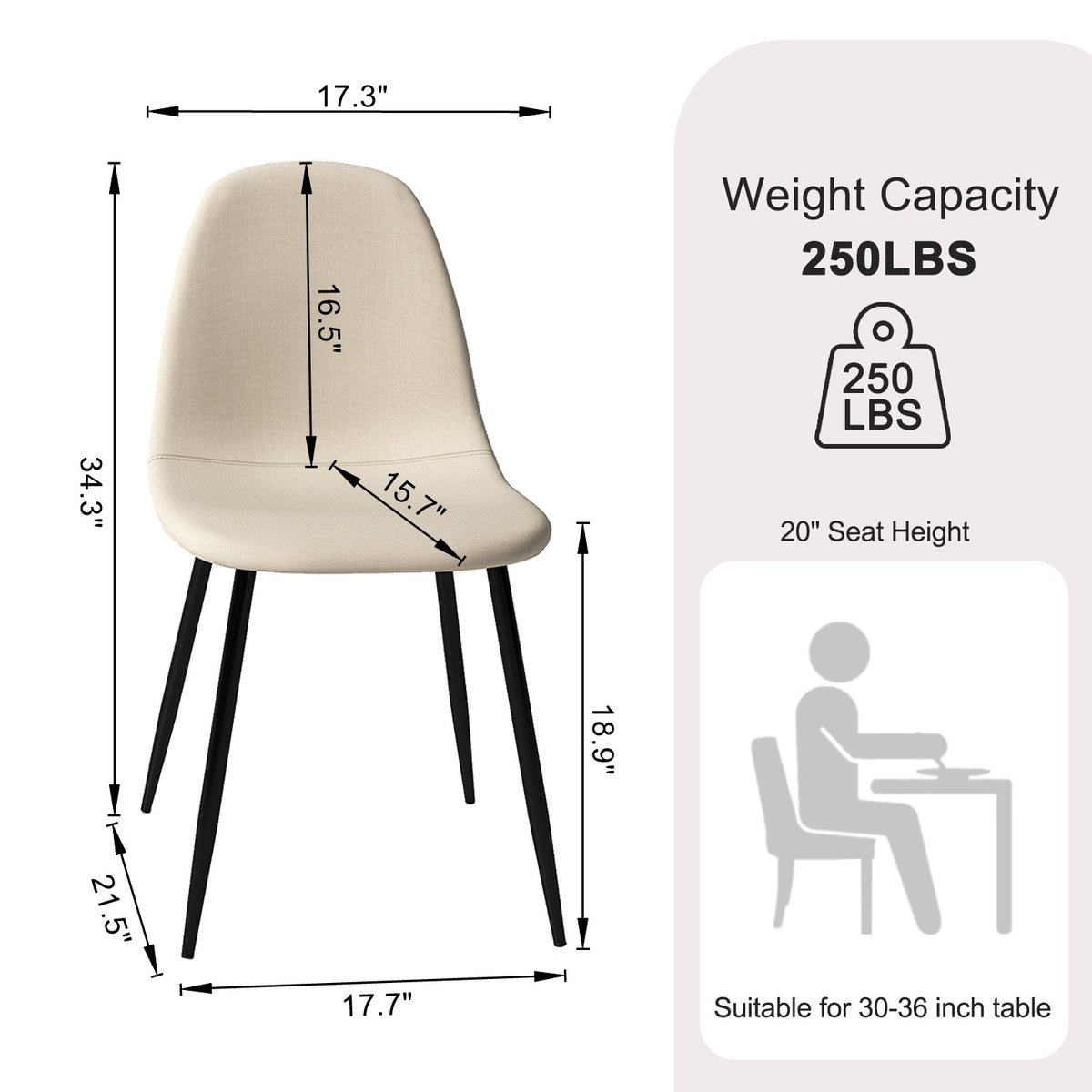 Charlton beige tweed dining chair showing dimensions