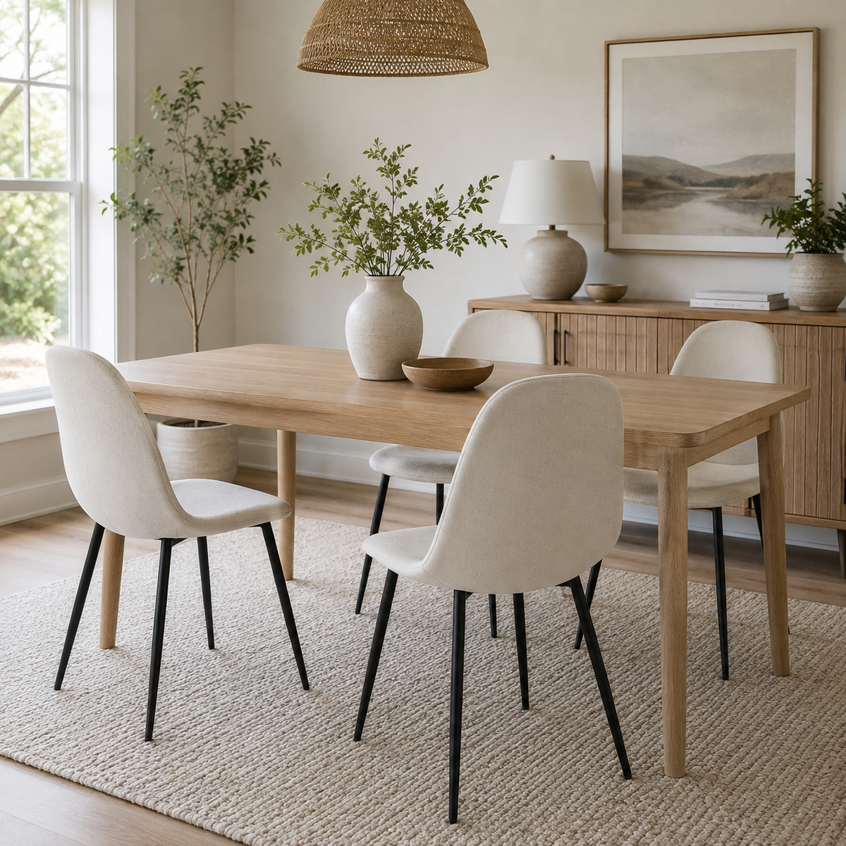 Charlton beige tweed dining chair set shown from another dining room angle