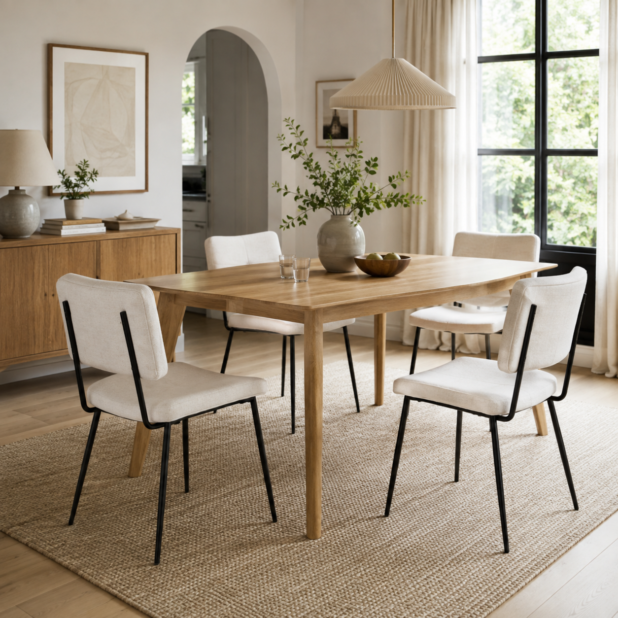 Charlton beige tweed dining chair set shown from another dining room angle