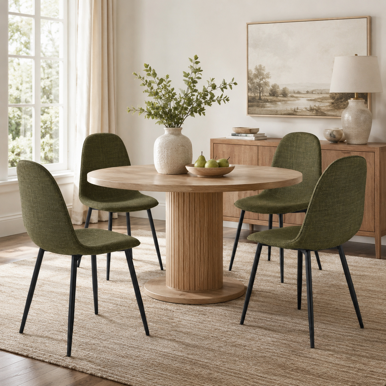 Charlton green tweed dining chair set around a round dining table in a dining room