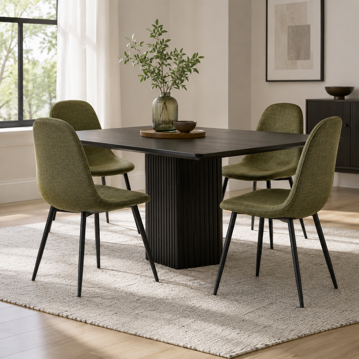 Charlton green tweed dining chair set shown in a cozy dining room scene