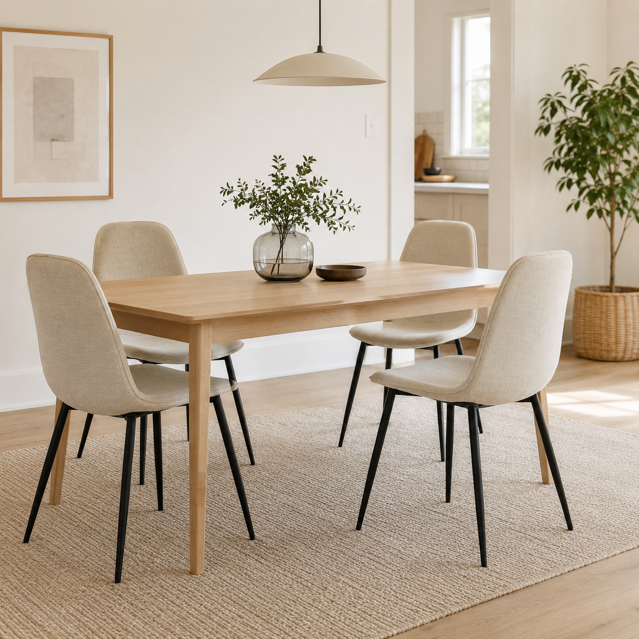 Charlton khaki tweed dining chair set around a round dining table in a dining room