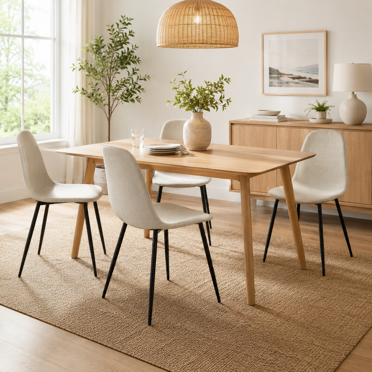 Charlton khaki tweed dining chair set with a round wood dining table