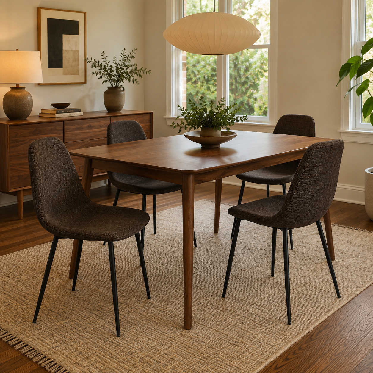 Charlton sepia brown tweed dining chair set around a round dining table in a bright dining room
