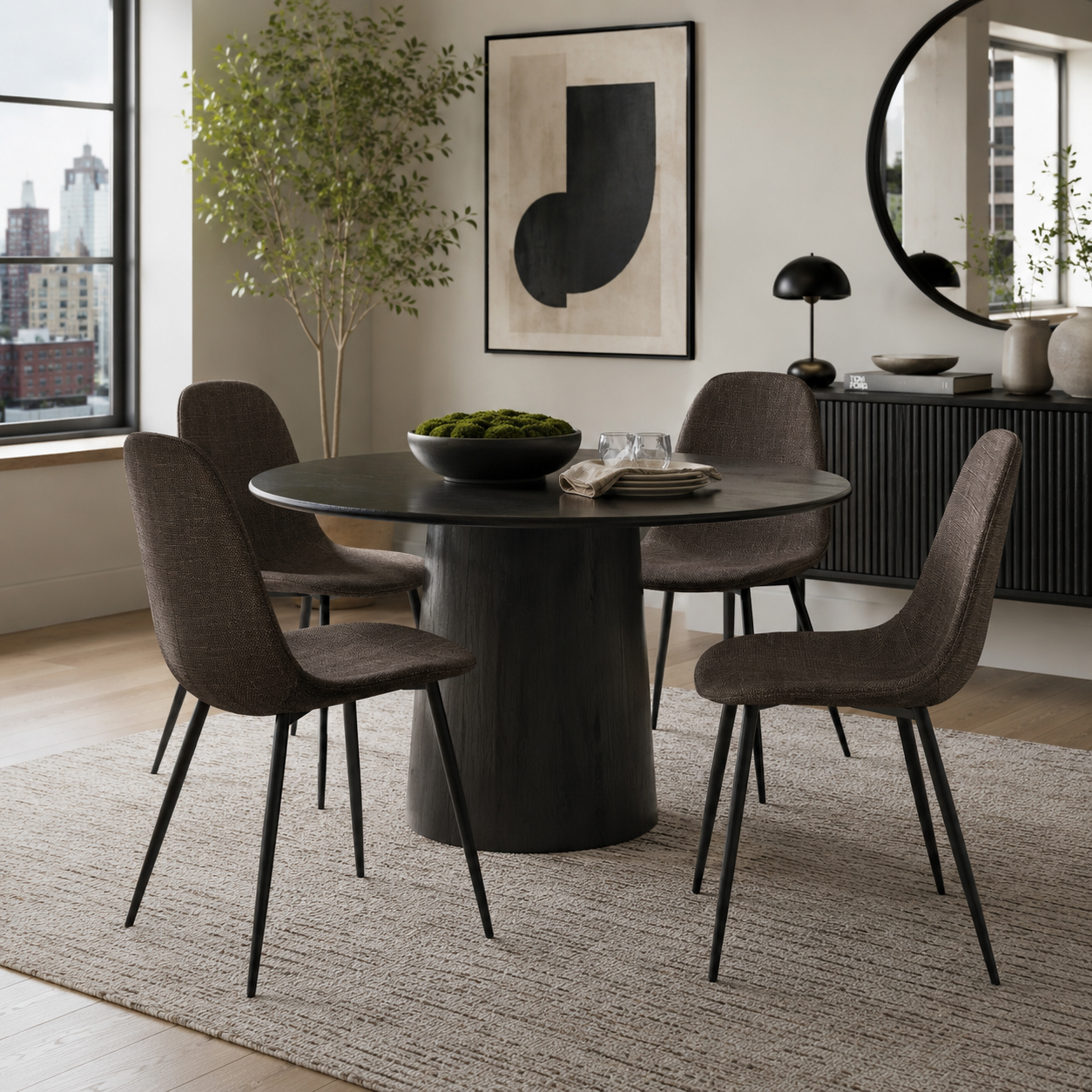 Charlton sepia brown tweed dining chair set shown in a warm modern dining room
