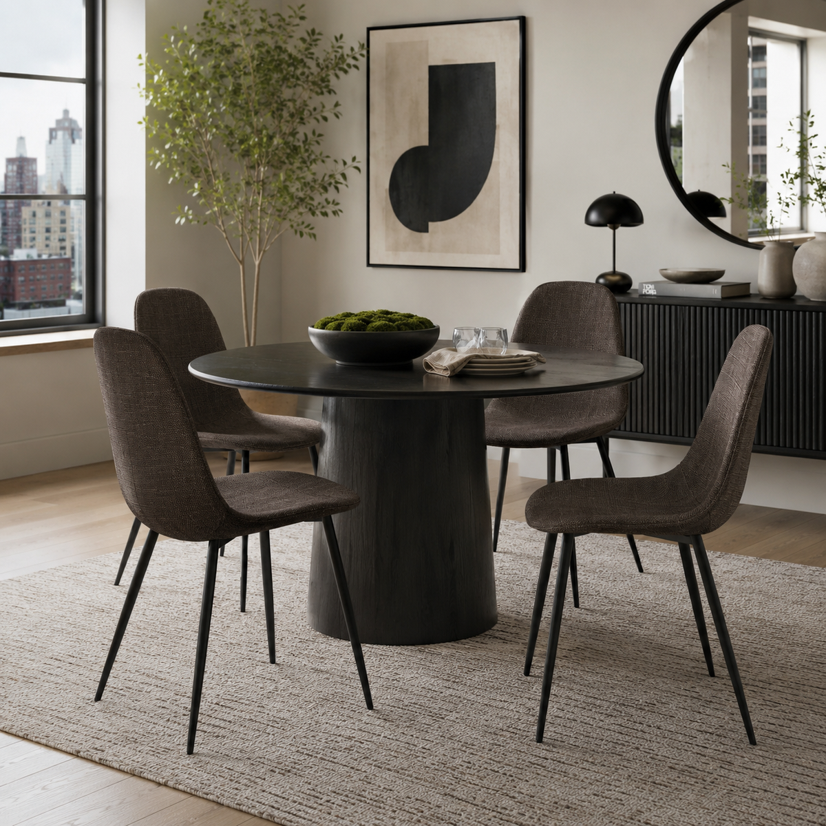 Charlton sepia brown tweed dining chair set shown in a warm modern dining room