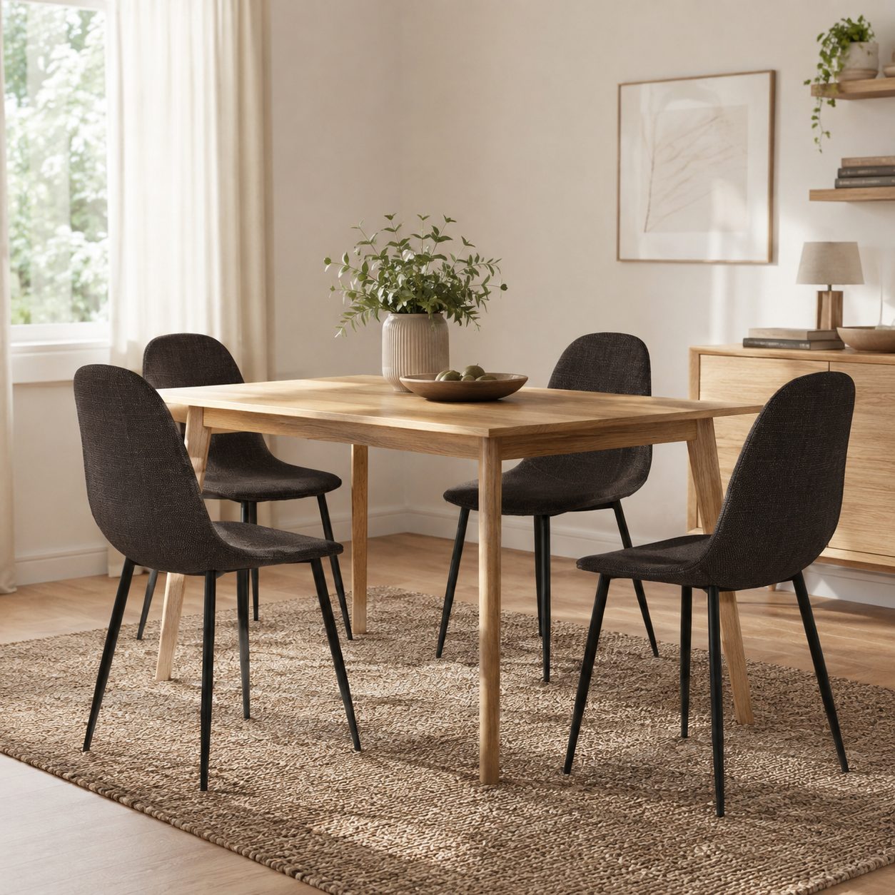 Charlton sepia brown tweed dining chair set styled with a wood dining table