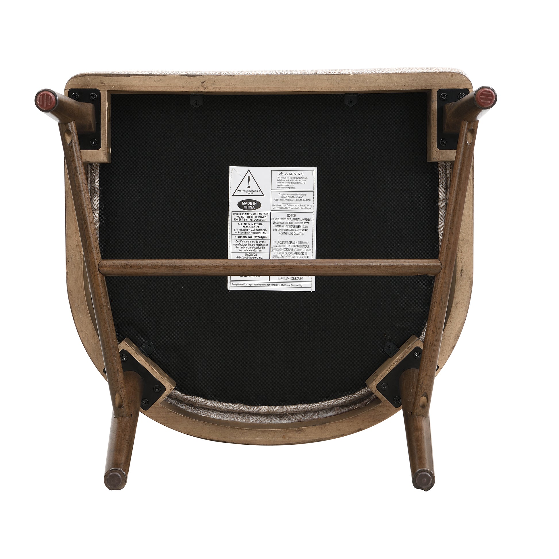 Chelan beige dining armchair close-up of the seat underside with black support panel and rubberwood frame