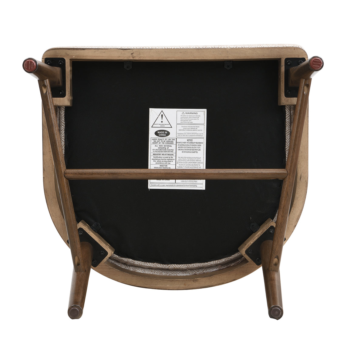 Chelan beige dining armchair close-up of the seat underside with black support panel and rubberwood frame