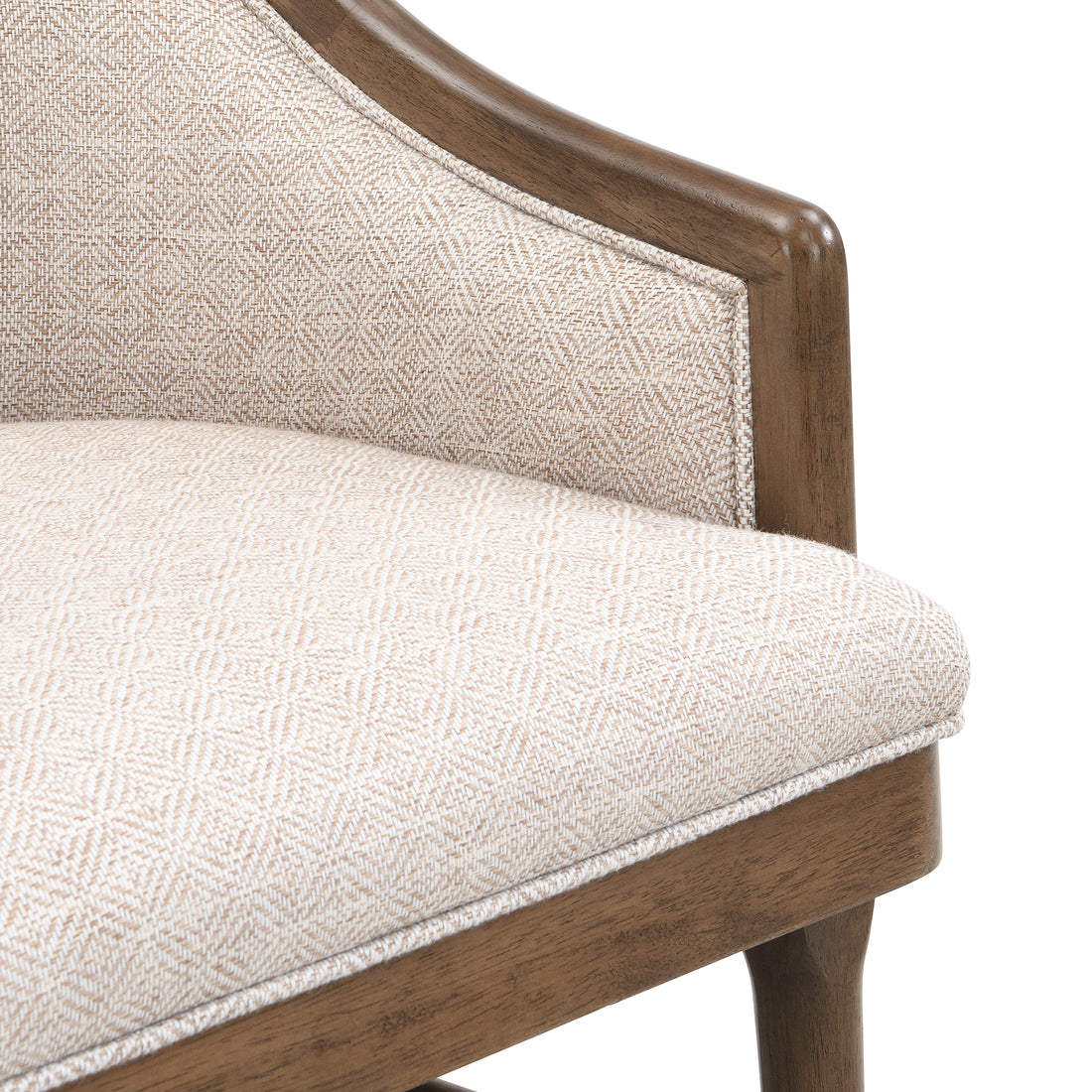 Chelan beige dining armchair close-up of the upholstered seat cushion and arm support detail