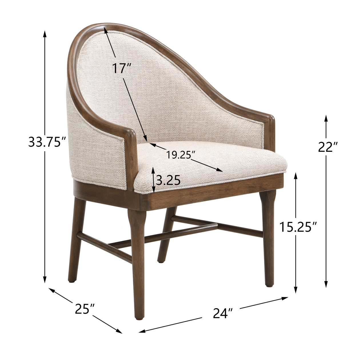 Chelan beige upholstered dining armchair showing product dimensions with wraparound rubberwood frame