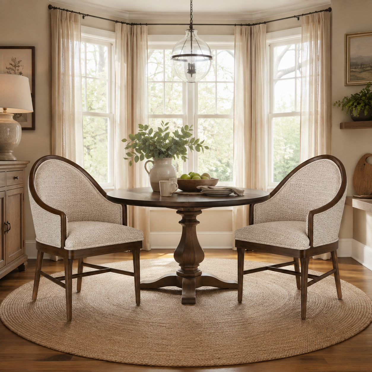 Chelan beige upholstered dining armchairs with wraparound rubberwood frames around a round wood dining table