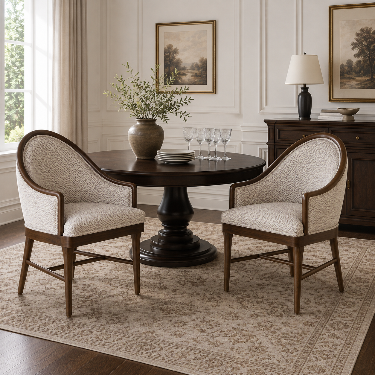 Chelan beige upholstered armchairs beside a round dining table in a warm classic dining space
