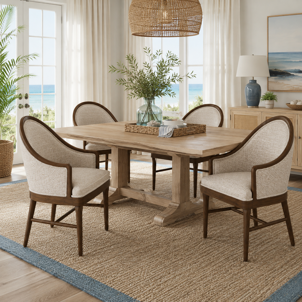 Chelan beige dining armchairs with curved wood frames in a bright dining room with natural light